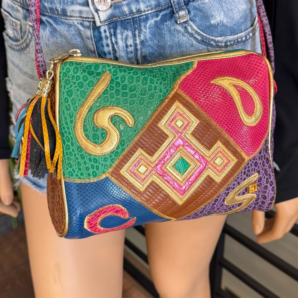 VTG 80s NAS Bag Alention Ld Patchwork Crossbody Exotic Reptile Tassel Maximalist - Picture 2 of 16